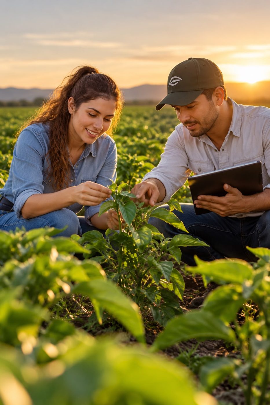 Asesor de Rali Agropecuaria revisando un cultivo junto a una productora